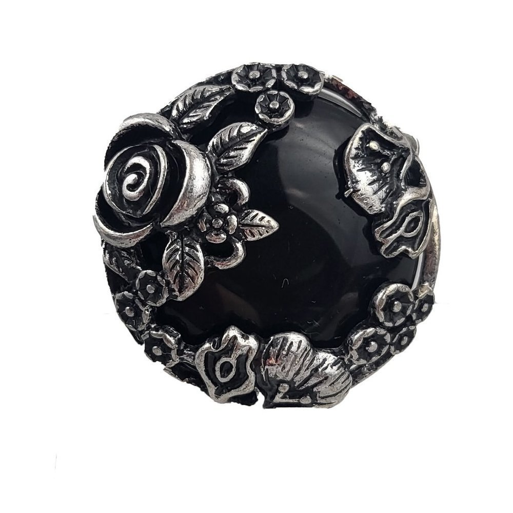 Silver Tone Black Enamel Round Floral Stretch Cocktail Ring
